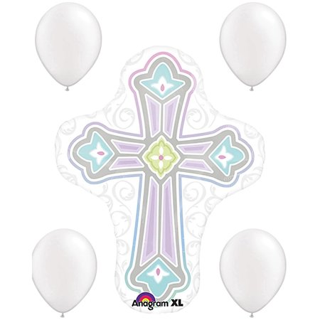 LOONBALLOON Religious Balloons, 28 inch 1ST COMMUNION CROSS, 4 pearl white latex set LOON-LAB-30414-01-A-P